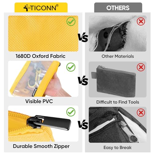 TICONN 9PK Tool Pouches with Zipper, Waterproof 1680D Oxford Small Tool Bag - size: Clear, 9 Pack Combo