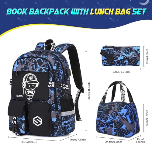 Scothen Boys Backpack, Cool Luminous Kids School Backpacks with Lunch Bag - color: Blue Musicer