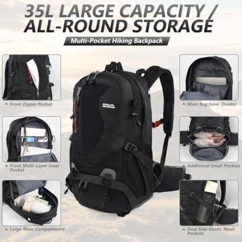 35L Water-resistant Hiking Backpack, Lightweight Backpack For Unisex(Black) - color: Black