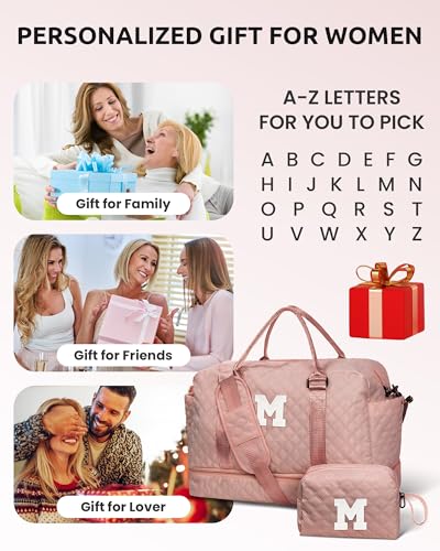 Girls Duffle Bag, Initial Bag, Weekender Bags with Shoulder Strap - color: Pink, style: R
