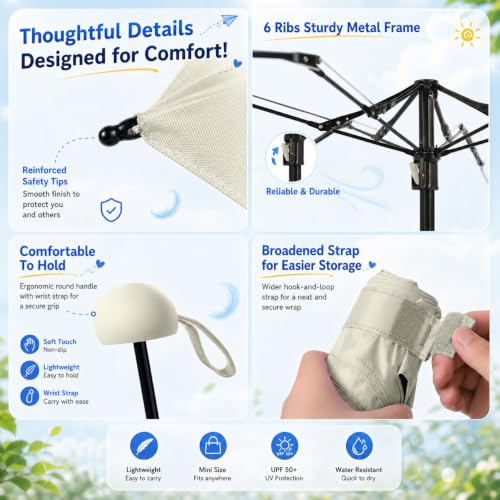 BAODINI Mini Travel Umbrella with UV Sun Protection, Compact Pocket-Size - color: G-1-Beige
