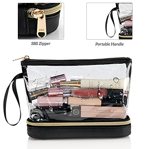 Clear Makeup Bag with Brushes Compartment Travel TSA Approved Toiletry Bag - color: 01-leather black clear