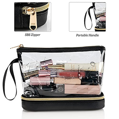 Clear Makeup Bag with Brushes Compartment Travel TSA Approved Toiletry Bag - color: 01-leather black clear