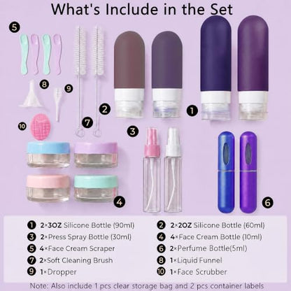 24 Pack Travel Bottles for Toiletries -TSA Approved, Leak Proof Silicone - color: Purple