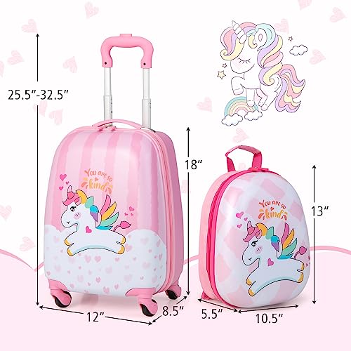 GYMAX Kids Carry On Luggage Set, 12" & 16" 2PCS Rolling Suitcase - color: Happy Pony