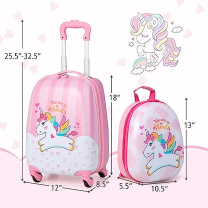 GYMAX Kids Carry On Luggage Set, 12" & 16" 2PCS Rolling Suitcase - color: Happy Pony