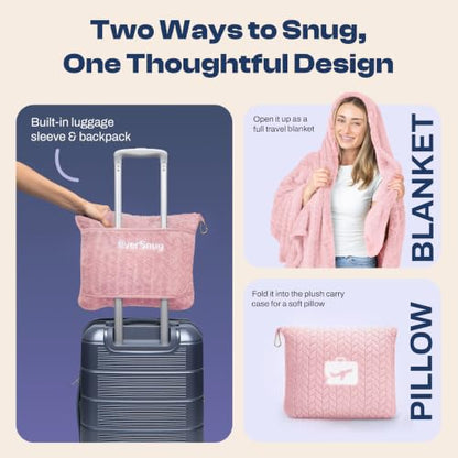 EverSnug Travel Blanket & Pillow 68x42 - Premium Ultra-Soft Microfleece 2 in 1 Compact & Packable Flight Blanket with Soft Bag Pillowcase, Hand Luggage Sleeve and Backpack Clip (Light Pink) - color: Light Pink