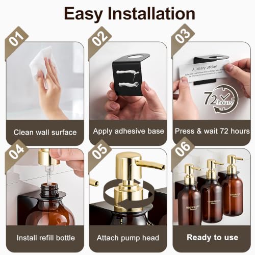 Amber Shampoo and Conditioner Dispenser Set of 3 - color: Dark Amber + Gold Pump