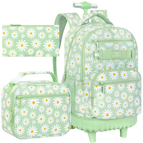 AGSDON Elegant Chrysanthemum Rolling Backpack Set – 20” Girls Roller Bookbag with Matching Lunch Box for Travel, Commute & School | Water-Resistant Fashion Wheeled Organizer in Flower Cyan - color: Rolling Backpack Set - Daisy Green