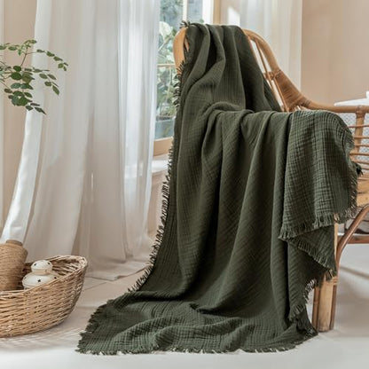 Muslin Fringe Blankets for Adults: 100% Cotton Cloud Soft - color: Olive Green, size: Twin XL (66" × 90")