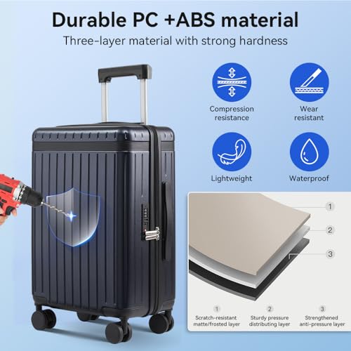 3-Piece Hardside Luggage Set with Spinner Wheels, Blue | PC+ABS Travel Suitcase Sets Hardshell Rolling Luggage Lightweight Durable - color: Blue, size: 20''/24''/28''
