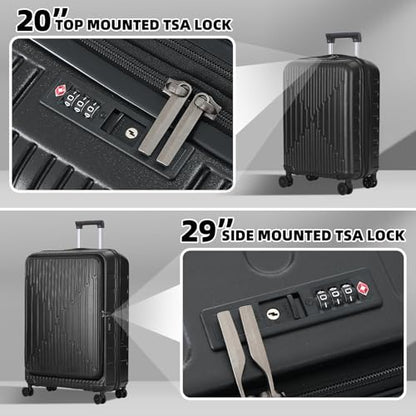 Kaleenie 2 PCS 20/29 Luggage Sets, 20” Cabin Luggage 29” Side Open Suitcase - color: Dark Black, size: 20/29 Set