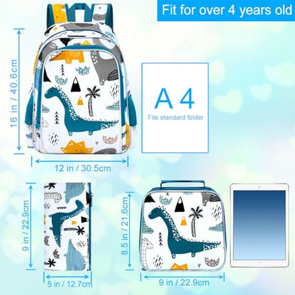 CCJPX 3Pcs Backpack for Boys, 16 Inch Preschool Elementary Kindergarten School Backpacks and Lunch Box - color: Aa2-white Dinosaur
