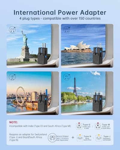 BEONDON Universal Travel Adapter 25W USB-C PD Charger Worldwide Plug Black - color: Black-eu