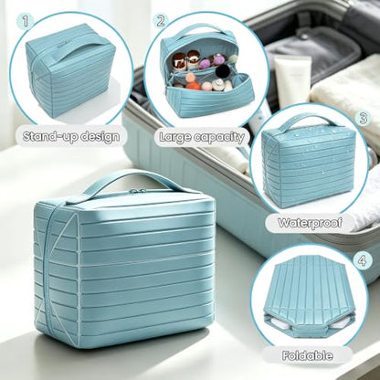 Fold Down Standing Makeup Bag – Large Travel Toiletry Organizer (Blue) - color: Blue