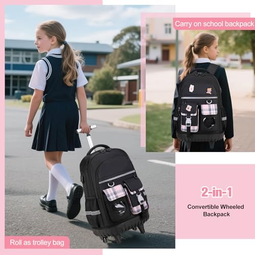 ACESAK 3PCS Rolling Backpack for Girls Children, Girls Backpack with Wheels - color: Black