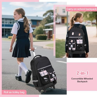 ACESAK 3PCS Rolling Backpack for Girls Children, Girls Backpack with Wheels - color: Black