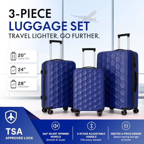 LLUXARIV 3-Piece PP Hardshell Luggage Set, 20"/24"/28", Dark Blue - color: Dark Blue