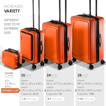 TRAVELARIM 4 Piece Luggage Sets with Spinner Wheels, Travel Suitcase Set - color: Orange, size: 4 Piece Set (20/24/28)