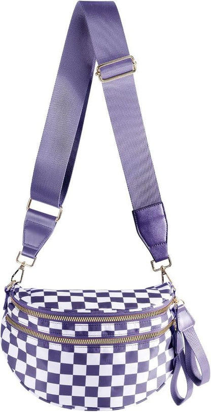 Checkered Crossbody Bag Bum Bag for Women,Spacious Fanny Packs Belt Bag - color: Cloudy Violet Checkered