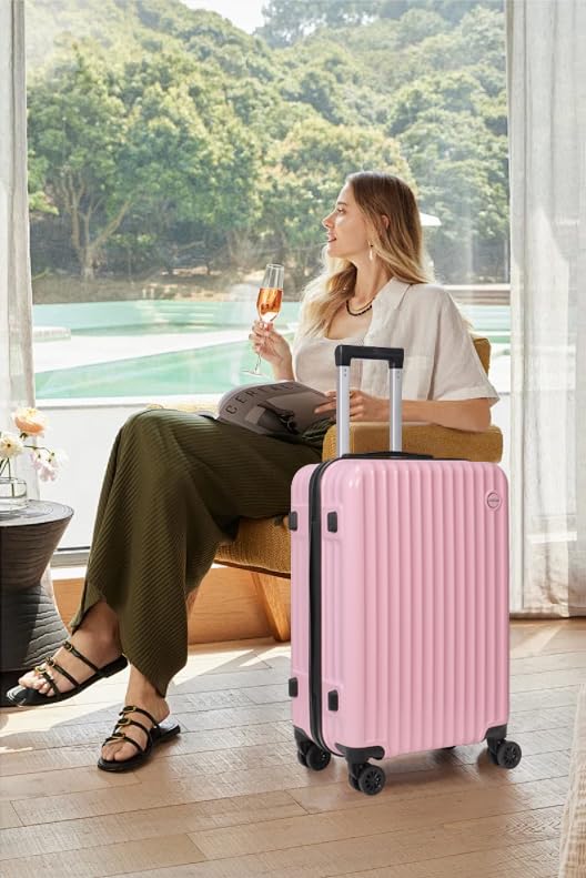3-Piece Hardside Luggage Set, ABS+PC Spinner Suitcase with Anti-Burst Zipper & Built-in Lock, 20/24/28 Inch (pink)