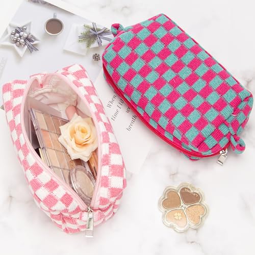 Checkered Makeup Bag for Purse, Small Travel Cosmetic Pouch,Magenta Green - color: Magenta Green