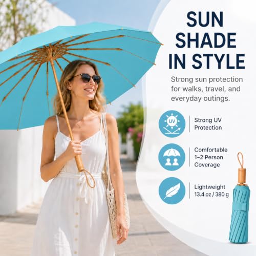 Compact Travel Umbrella with UPF 50+ UV Protection - color: Lake blue