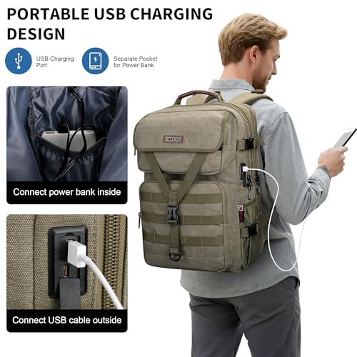 WITZMAN Canvas Travel Backpack for Men Large Laptop Backpack Fits 16 Inch - color: Army Green