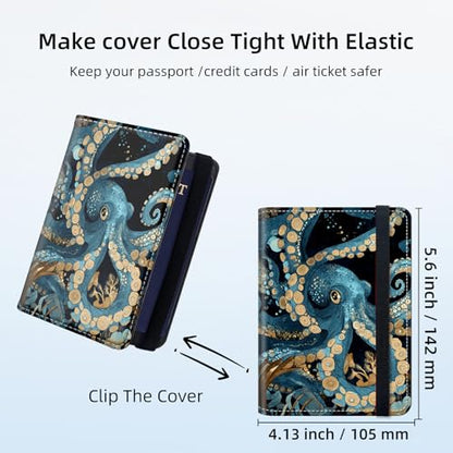 RFID Security Premium Passport and Travel Document Holder Combo, Slim PU Leather Folio Wallet with 3 Card Slots & Boarding Pass Pocket, Secure Elastic Closure Organizer, Blue Octopus - color: Blue Octopus