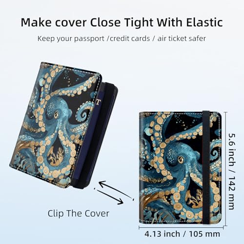 RFID Security Premium Passport and Travel Document Holder Combo, Slim PU Leather Folio Wallet with 3 Card Slots & Boarding Pass Pocket, Secure Elastic Closure Organizer, Blue Octopus - color: Blue Octopus