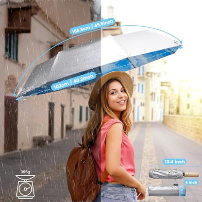 G4Free Windproof Travel Umbrella with Large Wooden Handle 46" Canopy - color: Silver/Sky
