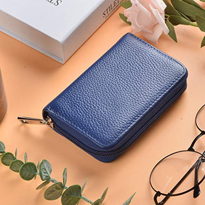 Easyoulife Genuine Leather Credit Card Holder Zipper Wallet With 26 Card Slots - color: Blue, size: small