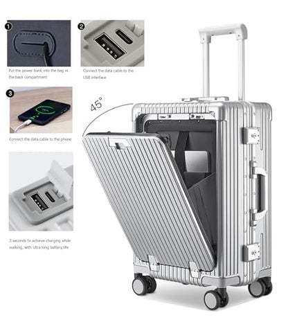 feilario PC Hardside Carry On Luggage, Aluminum Frame, TSA Lock, Cup Holder - color: A-Silver