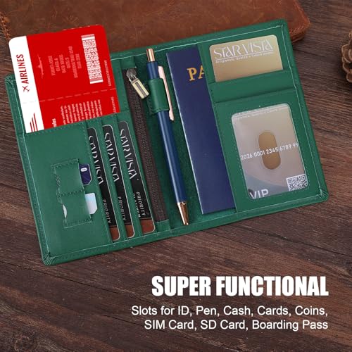 STAR VISTA Phoenix Leather Passport Holder, Calfskin Travel Wallet - RFID Blocking, ID Window, Zipper Pocket, Pen & Notebook Included, Mint - color: Mint Green B