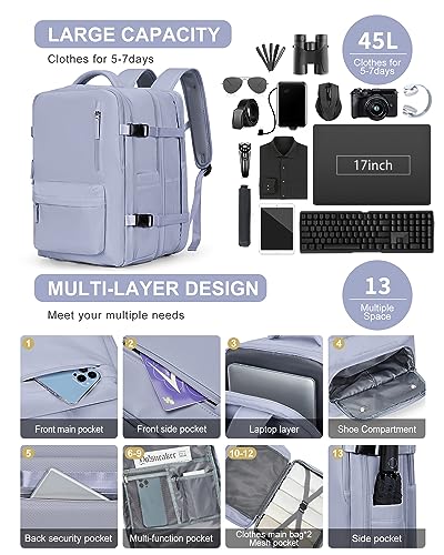 WONHOX Large Travel Laptop Backpack Expandable Flight Approved Backpack Carry on Backpack for Women Men Waterproof 17inch Laptop Daypack Hiking Work Backpack with Shoe Compartment Taro Purple - color: A10-taropurple