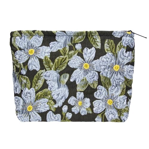Flat Makeup Bag for Women,Zipper Cosmetic Pouch Purse,Brocade Flower Black - color: Brocade Flower Black