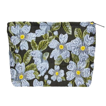Flat Makeup Bag for Women,Zipper Cosmetic Pouch Purse,Brocade Flower Black - color: Brocade Flower Black