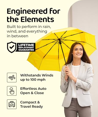 Windproof Travel Umbrella - Compact & Withstands Winds up to 100MPH, Strongest Premium Auto Folding Umbrella for Rain and Sun - Durable, Light & Portable for Women & Men, Fits Backpack & Cars - color: Yellow 1-Pack