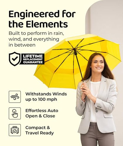Windproof Travel Umbrella - Compact & Withstands Winds up to 100MPH, Strongest Premium Auto Folding Umbrella for Rain and Sun - Durable, Light & Portable for Women & Men, Fits Backpack & Cars - color: Yellow 1-Pack