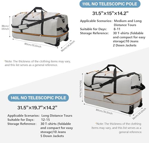 Rolling Duffle Bag with Wheels,110L/140L Expandable Soft-Sided Foldable Duffle Bag with 2 Rubber Wheels,Packable 32” Rolling Carry-On with Pockets & Compartments (Grey) - color: Grey