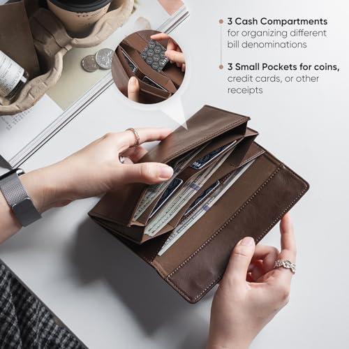VULKIT Cash Envelope Wallet for Women, Money Wallet Organizer for Cash, 3 Bill & Receipt Compartments, 3 Card & Coin Holders, Dark Brown - color: Dark Brown