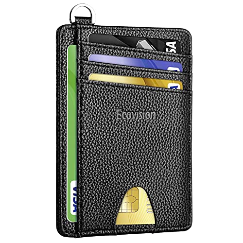 Slim Minimalist Front Pocket Wallet, RFID Blocking Credit Card Holder Wallet with Integrated D-Shackle for Men Women - color: Litchi Black