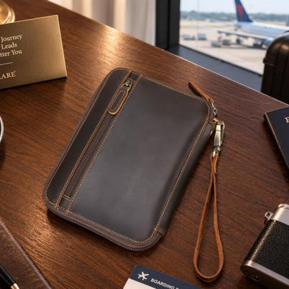 Polare Full Grain Leather Family 4 Passport Holder Wallet RFID Organizer - color: A-Dark Brown