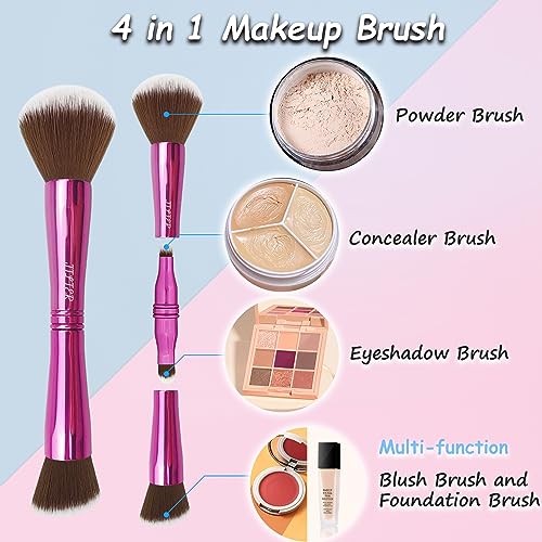 Jilier 4 in 1 Makeup Brush Set, Travel Makeup Brushes with Case, Foundation/Blush Brush, Eyeshadow Powder Brush, Concealer Brush, Double Ended Makeup Brush Ideal for Liquid, Cream, Powder, Concealer - style: purple-plastic case