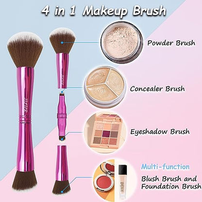 Jilier 4 in 1 Makeup Brush Set, Travel Makeup Brushes with Case, Foundation/Blush Brush, Eyeshadow Powder Brush, Concealer Brush, Double Ended Makeup Brush Ideal for Liquid, Cream, Powder, Concealer - style: purple-plastic case