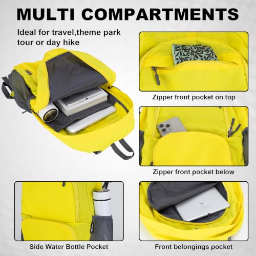 HOLYLUCK 20L lightweight packable Hiking Daypack Foldable Backpack for Men Women Small Travel Outdoor Foldable Shoulder Bag - color: Yellow