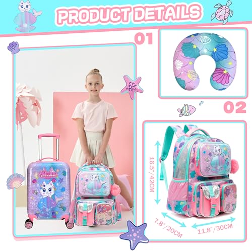 Cute Cat Kid's Luggage Set - 5 Piece Hardside Suitcase Set with Spinner Wheels - Airline Approved - color: Cat Pink