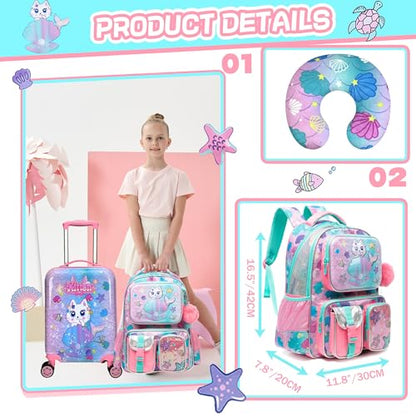 Cute Cat Kid's Luggage Set - 5 Piece Hardside Suitcase Set with Spinner Wheels - Airline Approved - color: Cat Pink