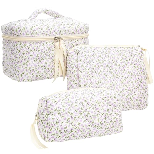 3 Piece Quilted Makeup Bag Set for Women,Cosmetic&Toiletry,Floral Purple | Cute Zipper Makeup Organizer for Cosmetics, Toiletries,Skincare, Makeup Brushes, Beauty Essentials, Travel Accessories&Gifts - color: Floral Purple