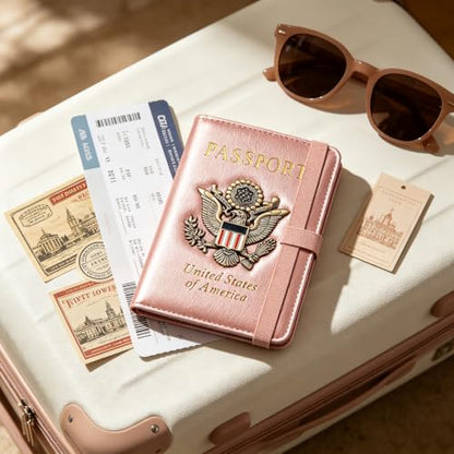 Premium Passport Holder for Travel RFID Blocking Passport Cover Slim - color: Rose Gold